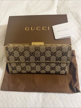 Gucci Brown GG Monogram Continental Wallet with Gold Trim